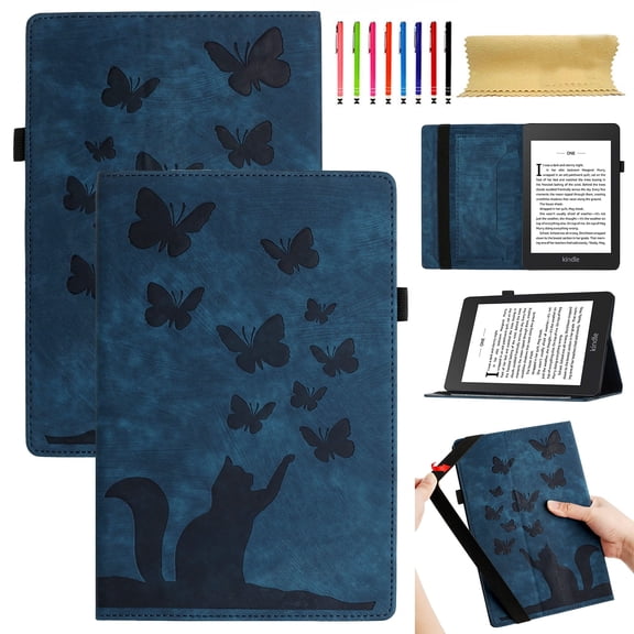 Case for  Kindle Paperwhite 7th Gen 2015/10th Gen 2018 with Pen Holder & Card Pocket, Lovely Pattern Auto Sleep Wake Multi-Angle Viewing Shockproof Soft TPU Back Cover, Darkblue