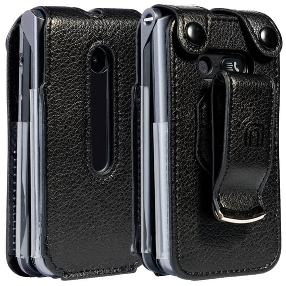 Case for LG Classic Flip Phone, Nakedcellphone [Black Vegan Leather] Form-Fit Cover with [Built-In Screen Protection] and [Metal Belt Clip] for LG Classic Flip (L125DL)
