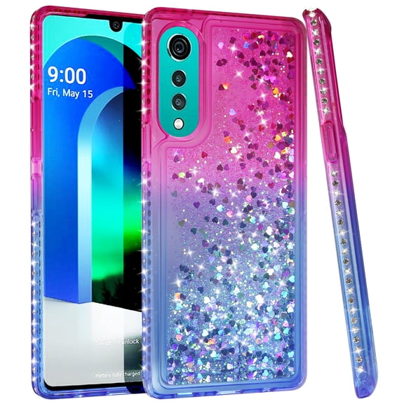 Case for LG Velvet, Nakedcellphone [Pink Waterfall] Flexible TPU Slim Cover [with Snow-Globe Glitter Bling, Iridescent Hearts and Rhinestone Crystals] for LG Velvet Phone LM-G900M