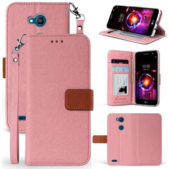 Case for LG X Power 3, [Rose Gold/Brown] Infolio Wallet Credit Card Slot ID Cover, View Stand [Magnetic Closure, Wrist Strap Lanyard] for LG X Power 3 (2018) MSM8917