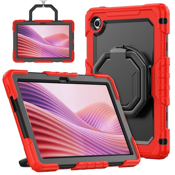 Case for Lenovo Tab 10.1 inch 2025 Release (TB-311FU/TB-311XU), 360 Rotating Stand Handle Pencil Holder Shoulder Strap Heavy Duty Shockproof Cover, Red