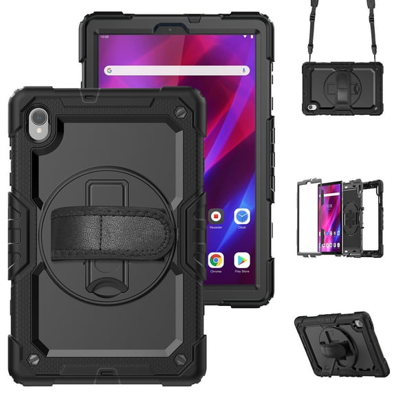 Case for Lenovo Tab K10 10.3 Inch/M10 FHD Plus 2020 2nd Gen with Screen Protector, 360 Degree Rotating Kickstand Hand Strap Heavy Duty Shockproof Cover with Shoulder Strap, Black