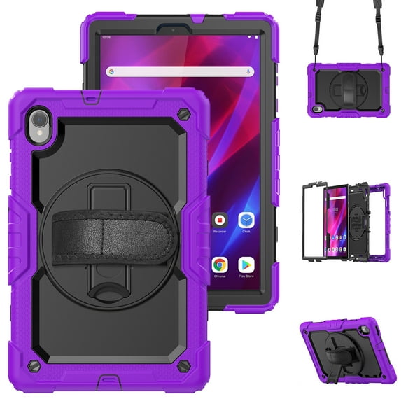 Case for Lenovo Tab K10 10.3 Inch/M10 FHD Plus 2020 2nd Gen with Screen Protector, 360 Degree Rotating Kickstand Hand Strap Heavy Duty Shockproof Cover with Shoulder Strap, Purple