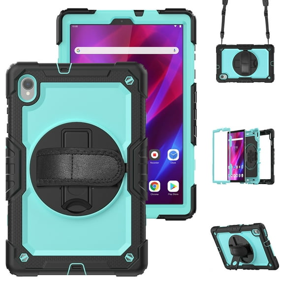 Case for Lenovo Tab K10 10.3 Inch/M10 FHD Plus 2020 2nd Gen with Screen Protector, 360 Degree Rotating Kickstand Hand Strap Heavy Duty Shockproof Cover with Shoulder Strap, Sky Blue PC