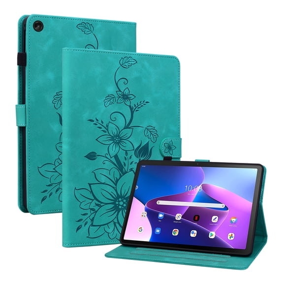 Case for Lenovo Tab M10 (3rd Gen) 10.1 TB-328F, Flower Pattern PU Leather Multi-Angle Viewing Stand Shockproof Flip Case with Card Slot, Magnetic Clasp, Pencil Slot, Green