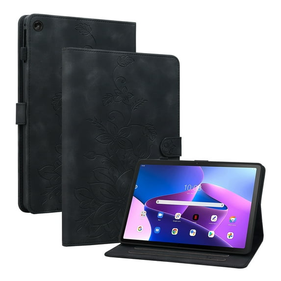 Case for Lenovo Tab M10 (3rd Gen) 10.1 TB-328F, Flower Pattern PU Leather Multi-Angle Viewing Stand Shockproof Flip Case with Card Slot, Magnetic Clasp, Pencil Slot, Black