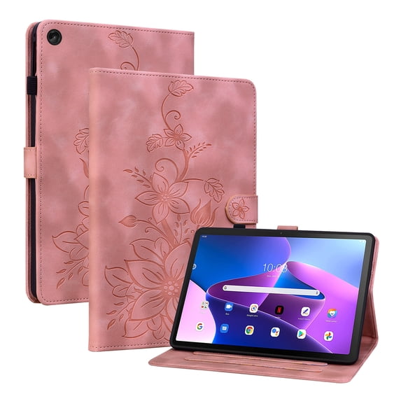 Case for Lenovo Tab M10 (3rd Gen) 10.1 TB-328F, Flower Pattern PU Leather Multi-Angle Viewing Stand Shockproof Flip Case with Card Slot, Magnetic Clasp, Pencil Slot, Pink