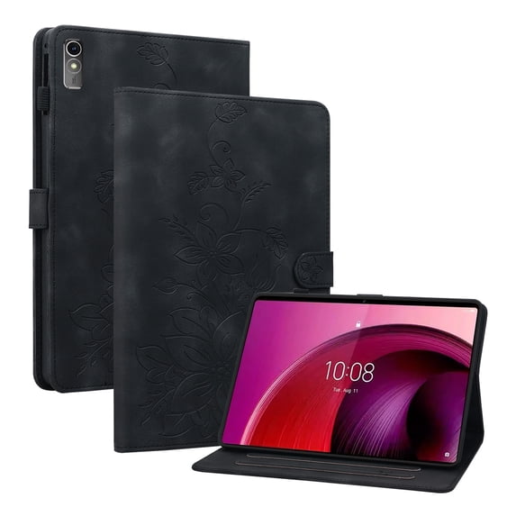 Case for Lenovo Tab M10 5G 10.6" 2023, Flower Pattern PU Leather Multi-Angle Viewing Stand Shockproof Flip Case with Card Slot, Magnetic Clasp, Pencil Slot for Lenovo Tab M10 5G 10.6" 2023, Black