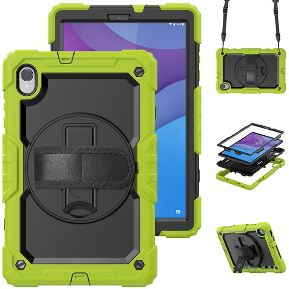 Case for Lenovo Tab M10 HD 2nd Gen 10.1 Inch 2020 with Screen Protector, 360 Degree Rotating Kickstand Hand Strap Heavy Duty Shockproof Cover with Shoulder Strap, Lime