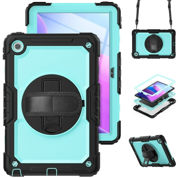 Case for Lenovo Tab M10 Plus 3rd Gen 10.6 Inch 2022 with Screen Protector, 360 Degree Rotating Kickstand Hand Strap Heavy Duty Shockproof Cover with Shoulder Strap, Sky Blue PC