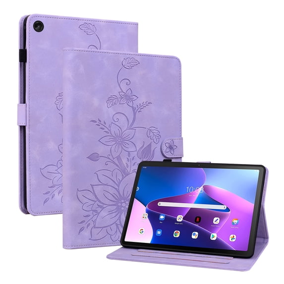 Case for Lenovo Tab M10 Plus 3rd Gen 10.6 inch 2022, Flower Pattern PU Leather Multi-Angle Viewing Stand Shockproof Flip Case with Card Slot, Magnetic Clasp, Pencil Slot for Tab M10 Plus 3rd, Purple