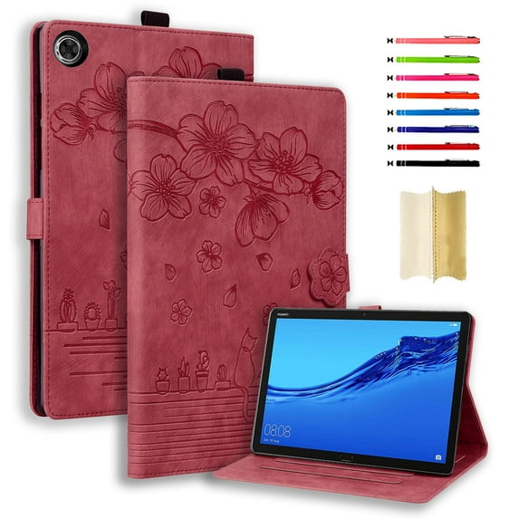 Case for Lenovo Tab M10 Plus 3rd Gen 10.6 inch (2022) TB-125F/TB-128F, Embossed Multiple Viewing Angles PU Leather Magnetic Stand Flip Folio Case Cover with Card Slots & Pencil Holder, Winered
