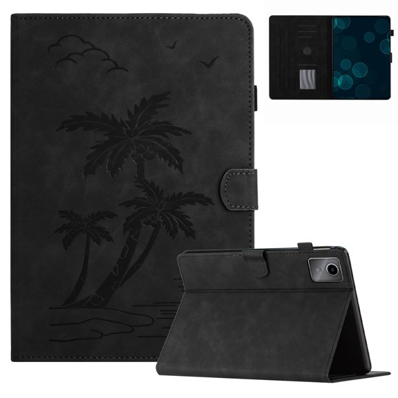 Case for Lenovo Tab M11 11 inch 2024 Model TB-330FU Released,PU Leather Embossed Coconut Tree Slim Case with Pencil Holder Card Slot Protective Smart Cover,Black