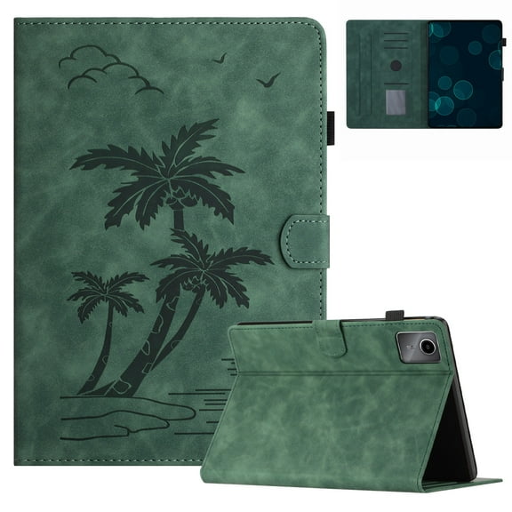 Case for Lenovo Tab M11 11 inch 2024 Model TB-330FU Released,PU Leather Embossed Coconut Tree Slim Case with Pencil Holder Card Slot Protective Smart Cover,Green