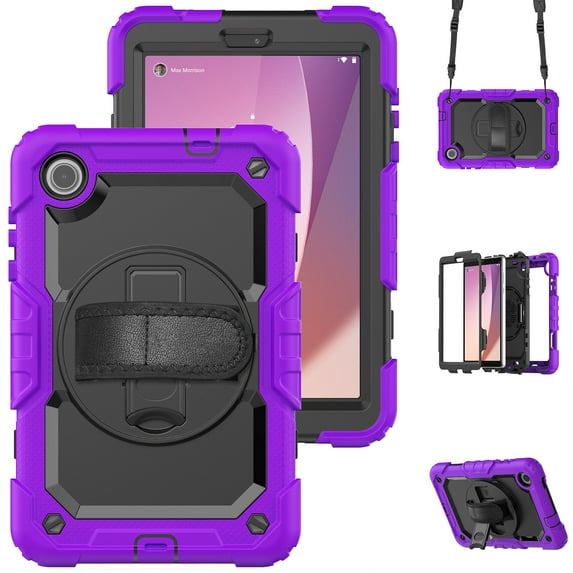 Case for Lenovo Tab M8 4th Gen 2024/2023 (TB-301FU, TB-300FU) with Screen Protector, 360 Degree Rotating Kickstand Hand Strap Heavy Duty Shockproof Cover with Shoulder Strap, Purple