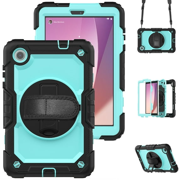 Case for Lenovo Tab M8 (HD/FHD/Smart) 2019/2021 3rd/2nd Gen with Screen Protector, 360 Degree Rotating Kickstand Hand Strap Heavy Duty Shockproof Cover with Shoulder Strap, Sky Blue PC