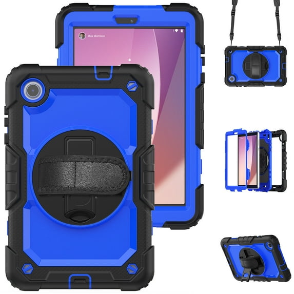 Case for Lenovo Tab M8 (HD/FHD/Smart) 2019/2021 3rd/2nd Gen with Screen Protector, 360 Degree Rotating Kickstand Hand Strap Heavy Duty Shockproof Cover with Shoulder Strap, Dark Blue PC