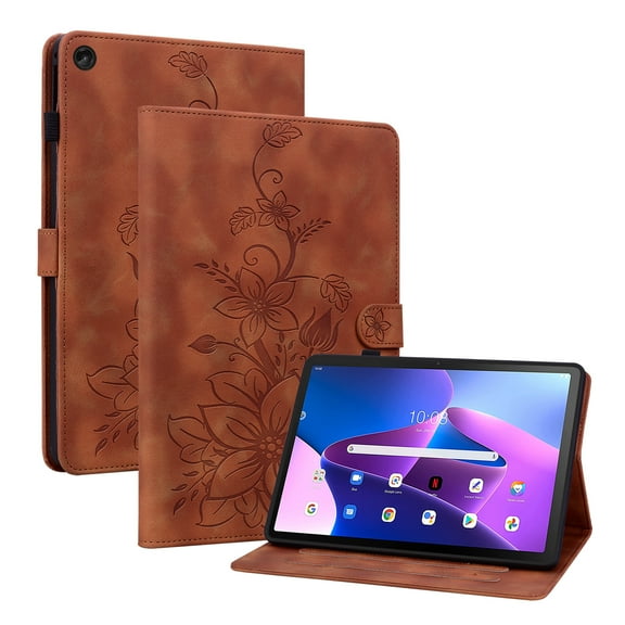 Case for Lenovo Tab M9 9.0" 2023, Flower Pattern PU Leather Multi-Angle Viewing Stand Shockproof Flip Case with Card Slot, Magnetic Clasp, Pencil Slot for Lenovo Tab M9 9.0" 2023, Brown