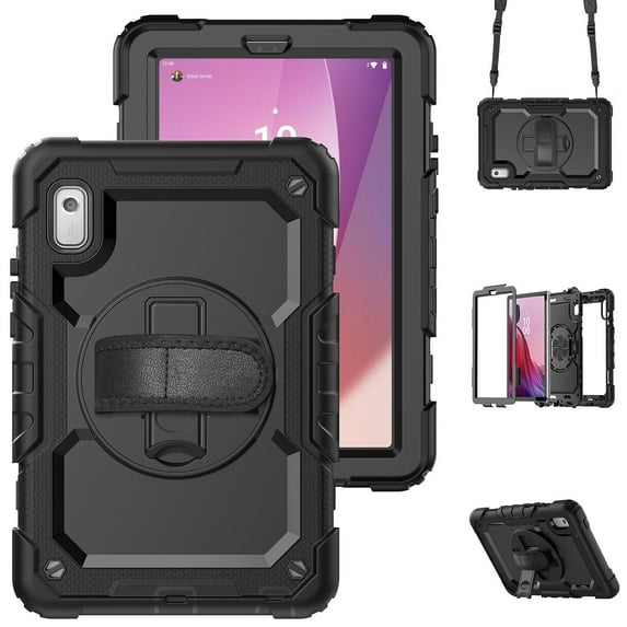 Case for Lenovo Tab M9 9.0 Inch 2023 Released TB-310FU with Screen Protector, 360 Degree Rotating Kickstand Hand Strap Heavy Duty Shockproof Cover with Shoulder Strap, Black