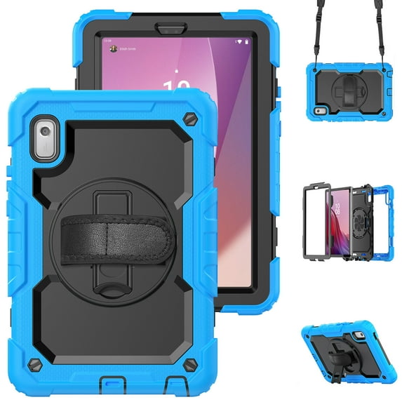 Case for Lenovo Tab M9 9.0 Inch 2023 Released TB-310FU with Screen Protector, 360 Degree Rotating Kickstand Hand Strap Heavy Duty Shockproof Cover with Shoulder Strap, Sky Blue