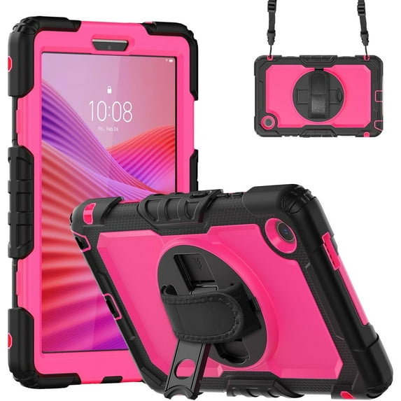 Case for Lenovo Tab One 8.7 Inch/Lenovo Tab K9 2025 Case Model TB-305ZU / TB 305FU -with Screen Protector, Hand Strap, Shoulder Strap, 360° Rotating Stand Hot Pink Black