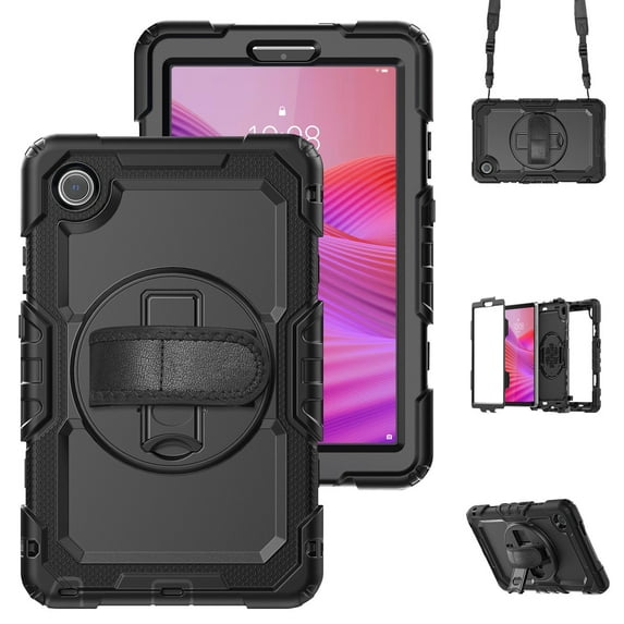 Case for Lenovo Tab One/K9 8.7 Inch 2025 with Screen Protector, 360 Degree Rotating Kickstand Hand Strap Heavy Duty Shockproof Cover with Shoulder Strap, Black