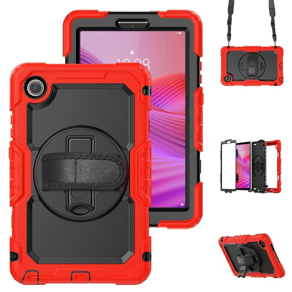Case for Lenovo Tab One/K9 8.7 Inch 2025 with Screen Protector, 360 Degree Rotating Kickstand Hand Strap Heavy Duty Shockproof Cover with Shoulder Strap, Red