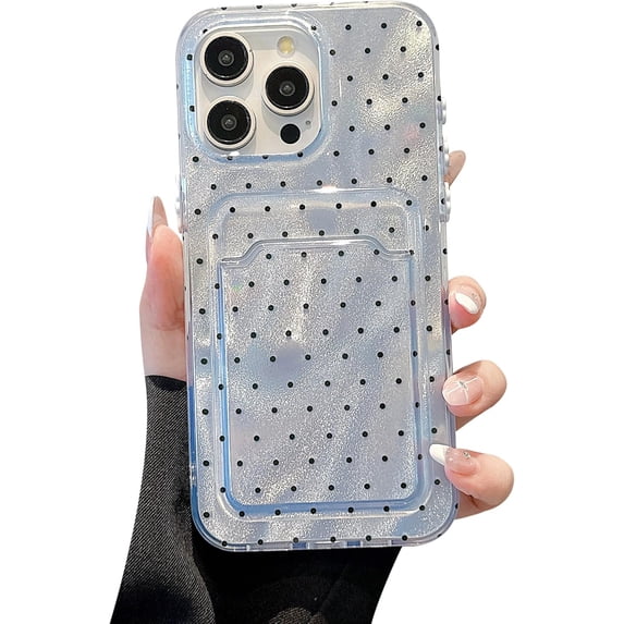 Case Luxury Glitter Credit Card Holder for iPhone,Cute Polka Dot,Full Body Protection,Wallet Shockproof Cover (Blue,iPhone 16 Pro)
