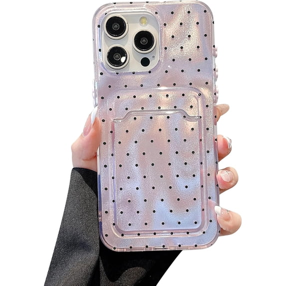 Case Luxury Glitter Credit Card Holder for iPhone,Cute Polka Dot,Full Body Protection,Wallet Shockproof Cover (Pink,iPhone 15)