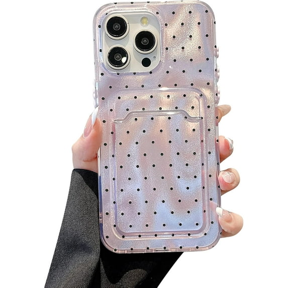 Case Luxury Glitter Credit Card Holder for iPhone,Cute Polka Dot,Full Body Protection,Wallet Shockproof Cover (Pink,iPhone 16)