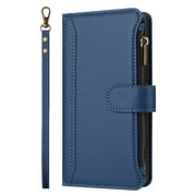 Case for MOTO E22 4G Classic Leather Phone Case with Detachable Wrist Strap Zipper Pocket Card Holder Kickstand Support Wireless Charging Shockproof Cover