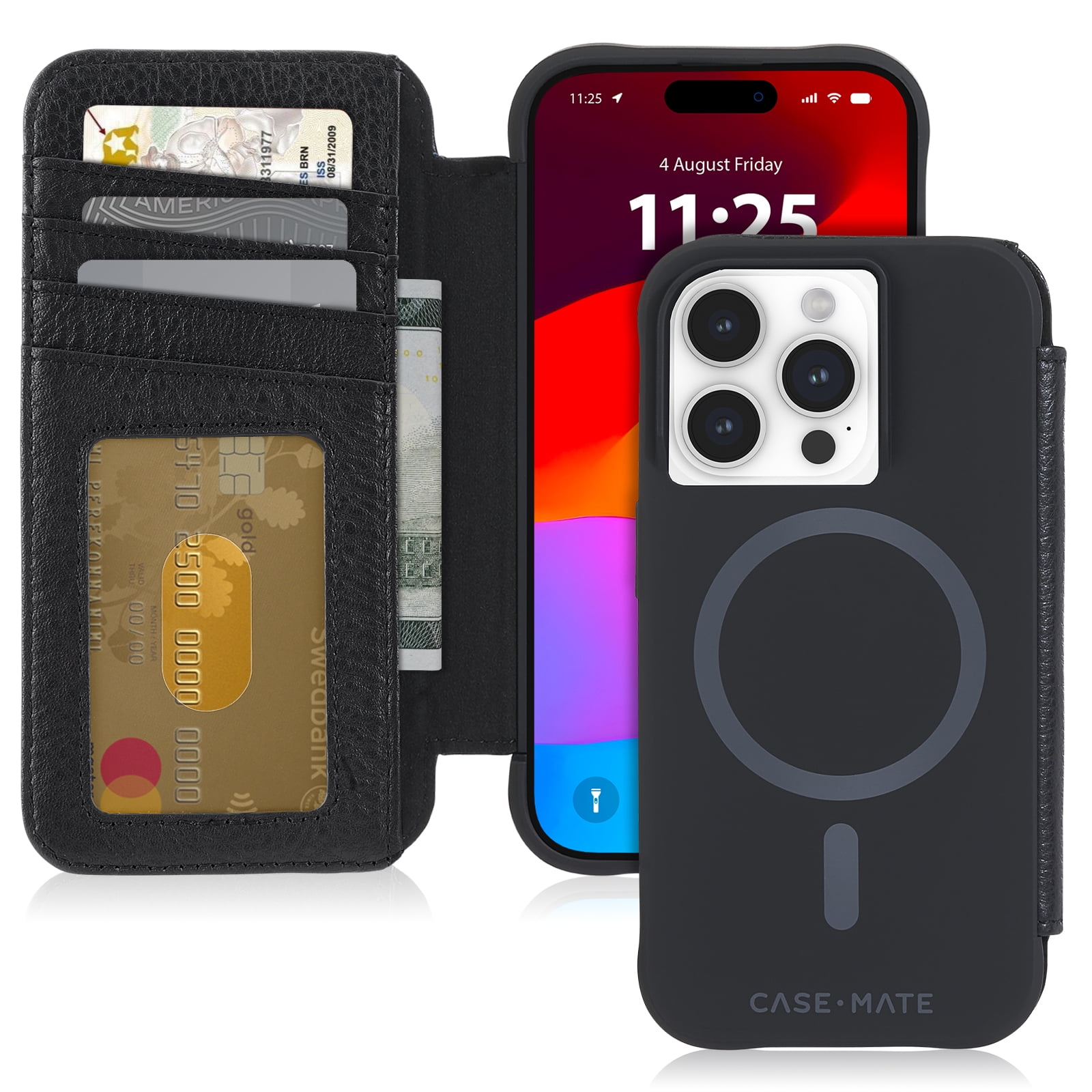 Case-Mate Apple iPhone 15 Pro Leather Wallet Folio Case with Card Holder [MagSafe Compatible] - Black