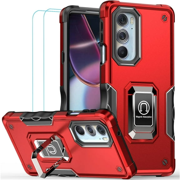 Case for Moto Edge Plus 2022 Case with Screen Protector Kickstand Holder Built-in  Car Mount Shockproof Camera Protective Case for Edge+ Plus 2022/Edge X30/Edge 30 Pro Phone Case (Red)
