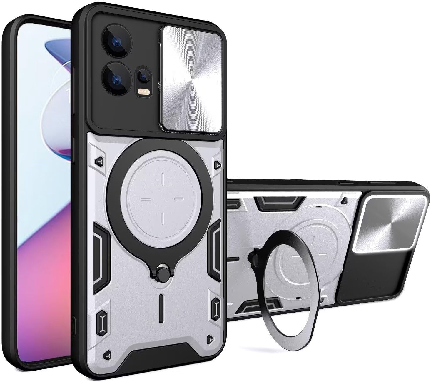 KZIOACSH Case For Motorola Moto G55 5G, Military-Grade Shockproof Phone Case [Built-in Kickstand][Slide Camera Cover][Removable Card Holder] Anti-Scratch Bumper Cover With 2 Tempered Glass,Blue