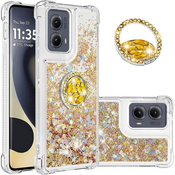 Case for Motorola Moto Edge 5G 2024 Case Glitter Liquid with Ring Kickstand, Cute Clear Flowing Quicksand Soft TPU Protective Grils Women Bling Case for Moto Edge 5G 2024 Gold YBR