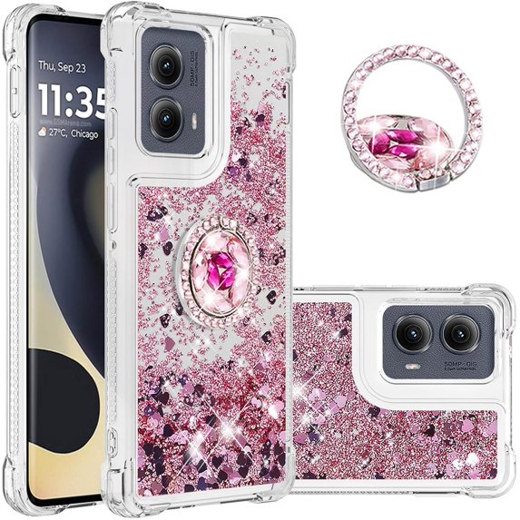 Case for Motorola Moto Edge 5G 2024 Case Glitter Liquid with Ring Kickstand, Cute Clear Flowing Quicksand Soft TPU Protective Grils Women Bling Case for Moto Edge 5G 2024 Rose Gold YBR