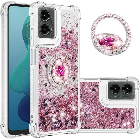 Case for Motorola Moto G 5G 2024 Case Glitter Liquid with Ring Kickstand Cute Clear Flowing Quicksand Soft TPU Shockproof Protective Grils Women Bling Case for Moto G 5G 2024 Rose Gold YBR