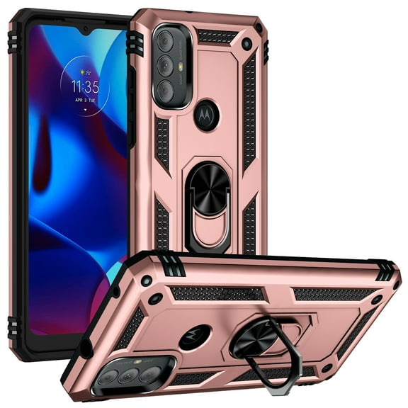Case for Motorola Moto G 5G (2024), Rotating Holder Kickstand Rugged PC Back + TPU Bumper Magnetic Car Mount Anti-fingerprint Anti-fall Heavy Duty Shockproof Protective Case, Rosegold
