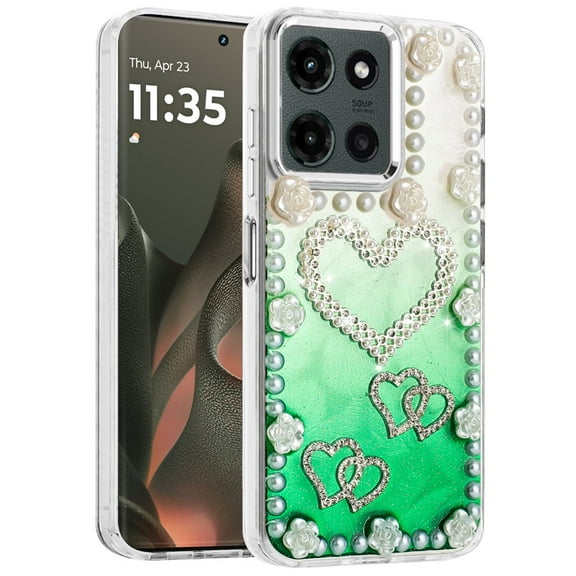 Case for Motorola Moto G 5G 2025 Bling Fashion Design with 3D Pearls Epoxy Glitter Ornaments Chrome Edge Hard Slim PC, XPM Phone Cover fit Moto G 5G (2025) [Hearts Green]