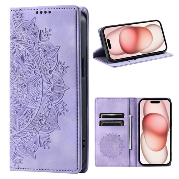 Case for Motorola Moto G Play 4G 2024 Wallet Case for Women Girls with Card Holder, Embossed Flower Pattern Magnetic Flip PU Leather Purse Protective Phone Cover for Moto G Play 4G 2024, Purple