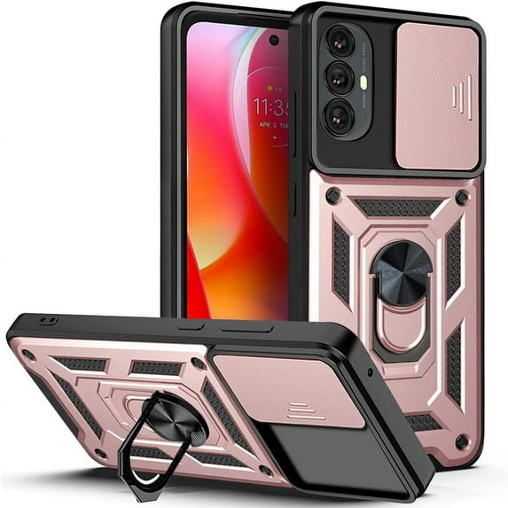Case for Motorola Moto G Power 2022 (Not 2021) with Slide Camera Cover, Heavy Duty Protection Phone Case Cover with Magnetic Ring Kickstand for Motorola Moto G Power 2022 Rose Gold