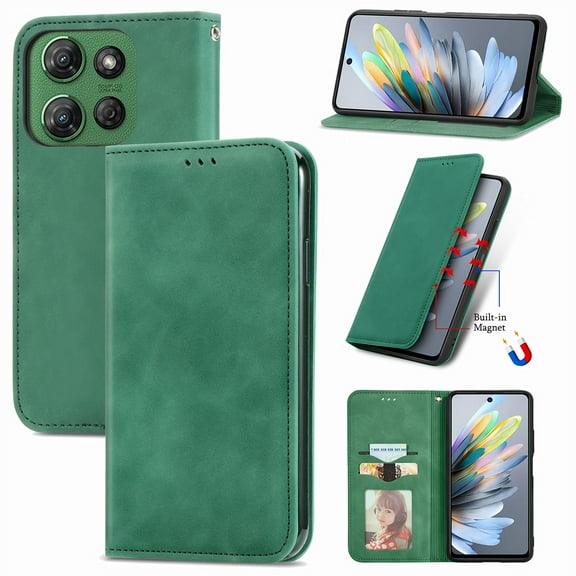 Case for Motorola Moto G Power 5G 2025, Classic Business Premium PU Leather Cover TPU Bumper with Card Holder Kickstand Magnetic Adsorption Flip Wallet Case Cover for Moto G Power 5G 2025, Green