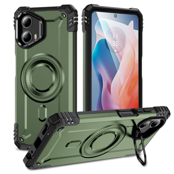 Case for Motorola Moto G Power 5G 2025 for Men Women, Compatible with Magsafe, Rugged Camera Frame Bracket Shockproof Air Cushions Luxury Armor Support Magnetic Car Mount Cover, Armygreen