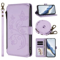 Case for Motorola Moto G Stylus 5G 2025, PU Leather TPU, with Crossbody Strap Wrist Strap, Zipper Pocket Card Slots Cash Pocket Magnetic Clasp Kickstand Embossed Women Girls Wallet Case, Purple