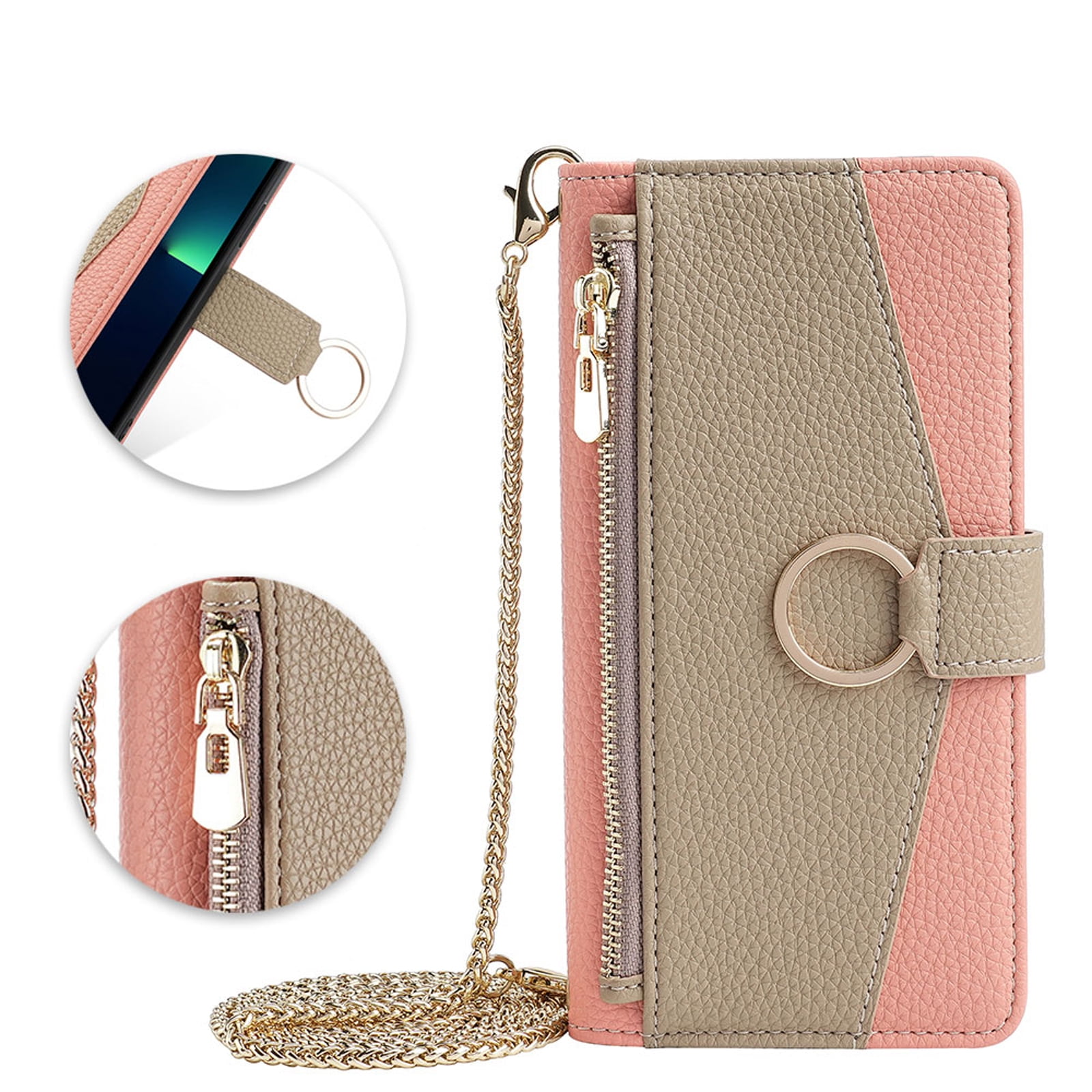 Case for Motorola Moto G Stylus 5G 2025 Zipper Wallet Cover with Make-up Mirror,Flip Cover PU Leather Ring Card Holder Kickstand Crossbody Strap Chain Cell Phone Cover for Moto G Stylus 5G 2025,Pink