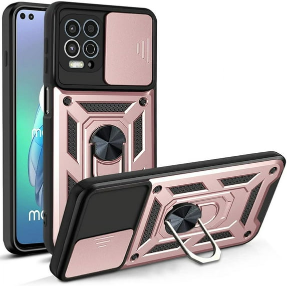 Case for Motorola Moto G100 with Slide Camera Cover,Military Grade Heavy Duty Protection Phone Case Cover with Magnetic Ring Kickstand for Motorola Moto Edge S/G100 SJ Rose Gold