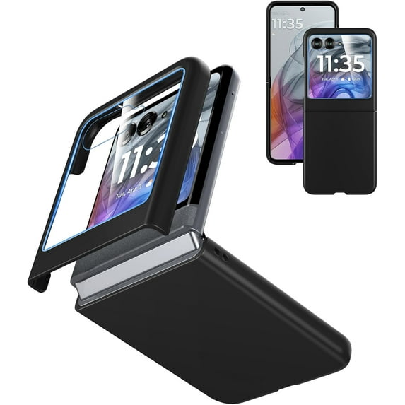 Case for Motorola Razr 2024/2025 - with Built-in Cover Screen Protector, Thin Hard Matte Polycarbonate Cover Phone Case for Moto Razr 2024/2025 - Black+Glass
