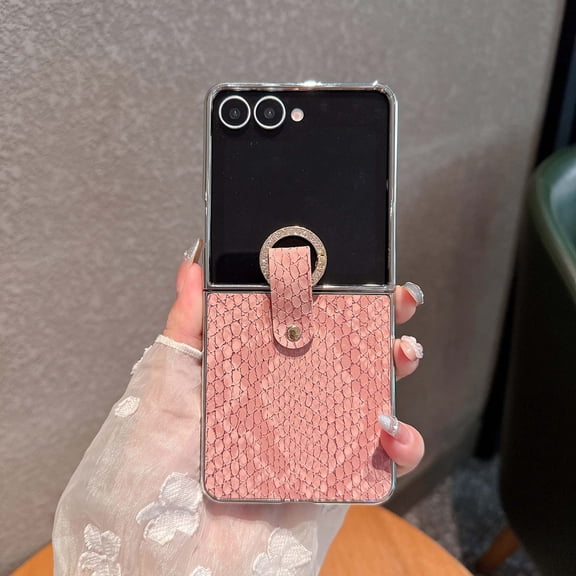 Case for Motorola Razr 2024 / 2025, Snake Texture PU Leather with Plating PC Frame, Diamond Finger Ring Shockproof Protective Slim Phone Cover for Women Girls – Stylish & Durable, Pink