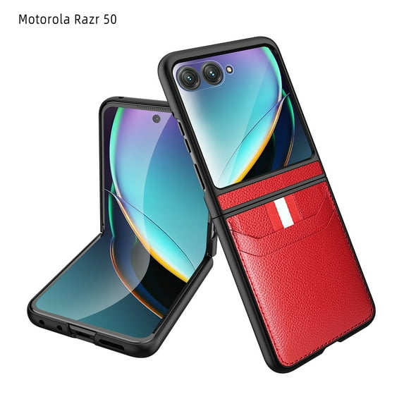 Case for Motorola Razr 2024 Classic Lychee Pattern PU Leather Wallet Cover, with Screen Protector Card Slot Holder, Rugged PC Shockproof Non-Slip Case for Motorola Razr 2024, Red