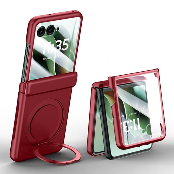 Case for Motorola Razr 60/Razr 2025/Razr 2024, Matte PC Cover with Hinge Protection, 360° Rotatable Ring Kickstand, Screen Protector for Outer Display, Magnetic Wireless Charging Compatible, Red
